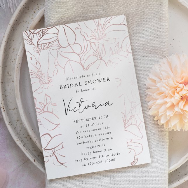 Convite Rosa Gold Foil Line Art Chá de panela Floral (Criador carregado)