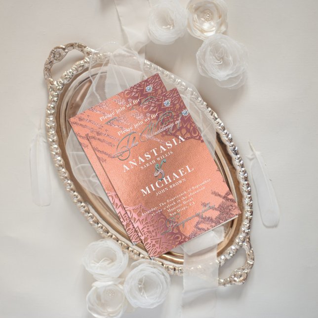 Convite Rosa Gold Foil Luxury Glam Na moda Elegante Casame (Criador carregado)