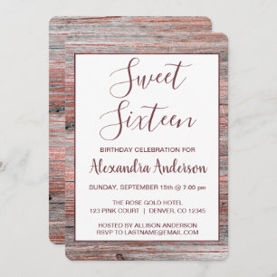 Convite Rosa Gold Foil Rustic Wood Doce Dezesseis Aniversá