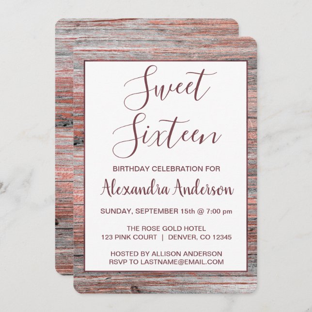 Convite Rosa Gold Foil Rústica Madeira Doce Dezesseis Aniv (Frente/Verso)