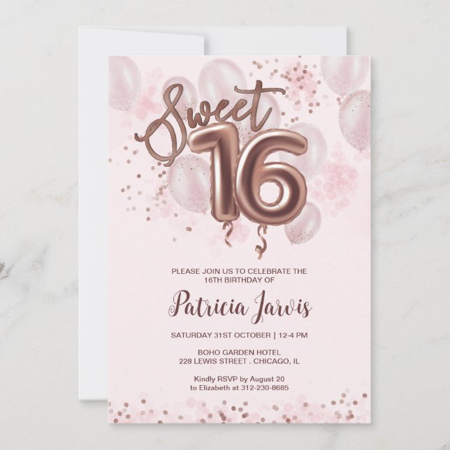Convite Rosa Gold Foil Sweet 16 Bday Balloons Party Rosa (Frente)