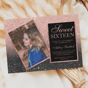 Convite Rosa gold frame foto de luz negra ombre Sweet 16