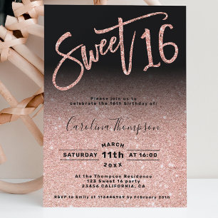 Convite Rosa gold glitter chic script black Sweet 16 foto