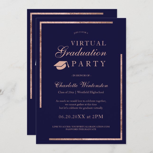 Convite Rosa gold marinho Blue photoshop virtual Graduação (Frente/Verso)