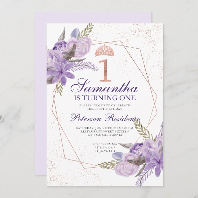 Convite Rosa gold tiara floral primeiro aniversario de aqu (Frente/Verso)