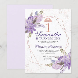 Convite Rosa gold tiara floral primeiro aniversario de aqu