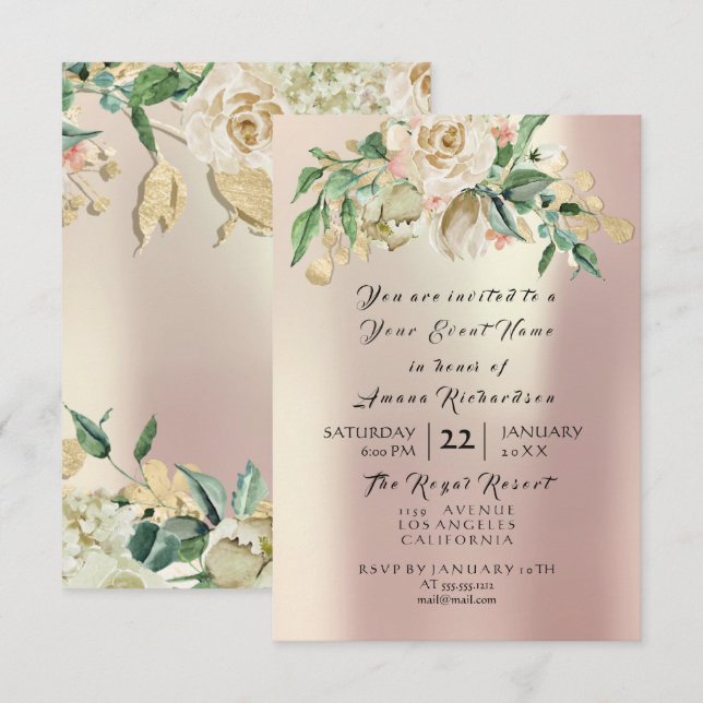 Convite Rosa Hortelã Champanhe Dourado Floral Aquarela Pér (Frente/Verso)