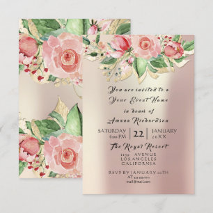 Convite Rosa Hortelã Champanhe Dourado Floral Aquarela Pér