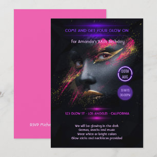 Convite Rosa-Intenso e Dourado Neon Brilha no Escuro Festa