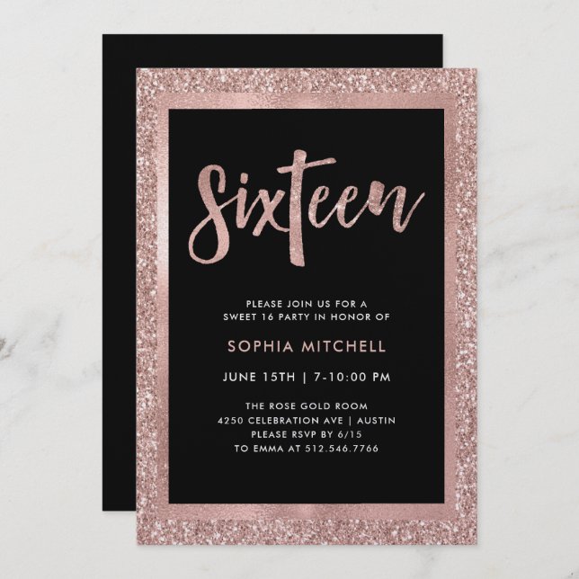 Convite Rosa Inverso com brilho Dourado | Doce 16 Festa (Frente/Verso)