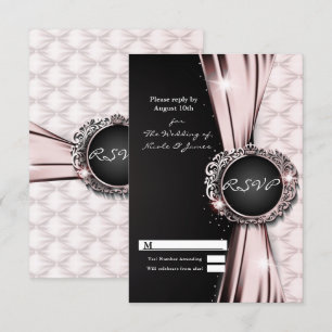 Convite Rosa Laço Preto Glam Luxo Casamento RSVP Resposta