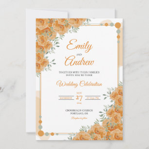 Convite Rosa Laranja em Contas Elegante Floral Aquarela Ca