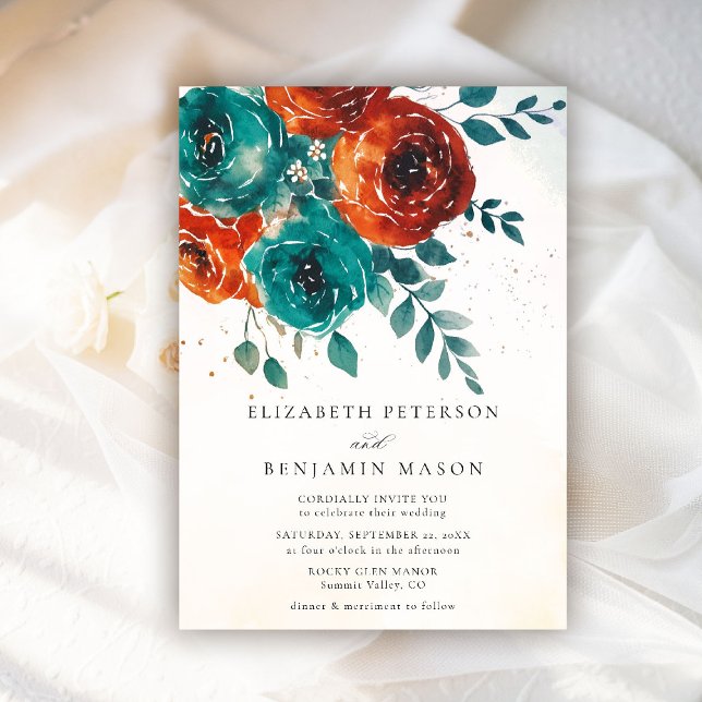 Convite Rosa Laranja Queimado Casamento Verde (fall wedding invitation teal burnt orange terracotta watercolor whimsical floral rustic barn)