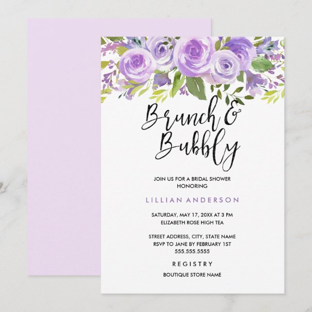 Convite Rosa Lavanda Floral Roxo Brunch E Espumante (Frente/Verso)