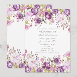 Convite Rosa Lavanda Lilás Floral Casamento Aquarela