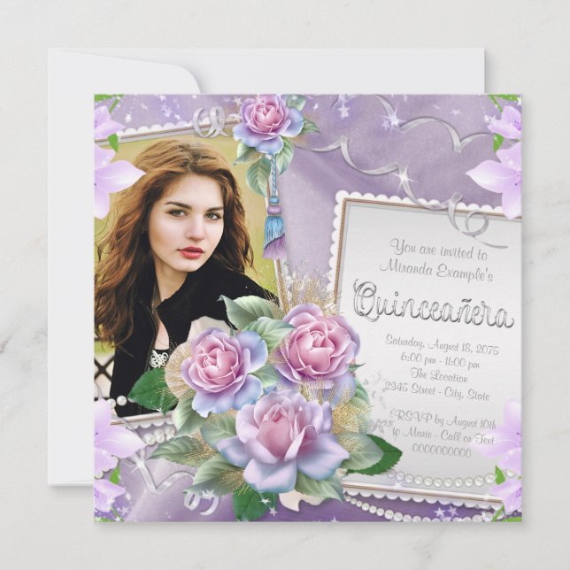 Convite Rosa Lavanda Quinceanera (Frente)