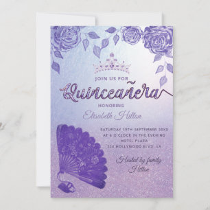 Convite Rosa Lilac roxo, fã romântica de mão Quinceañera