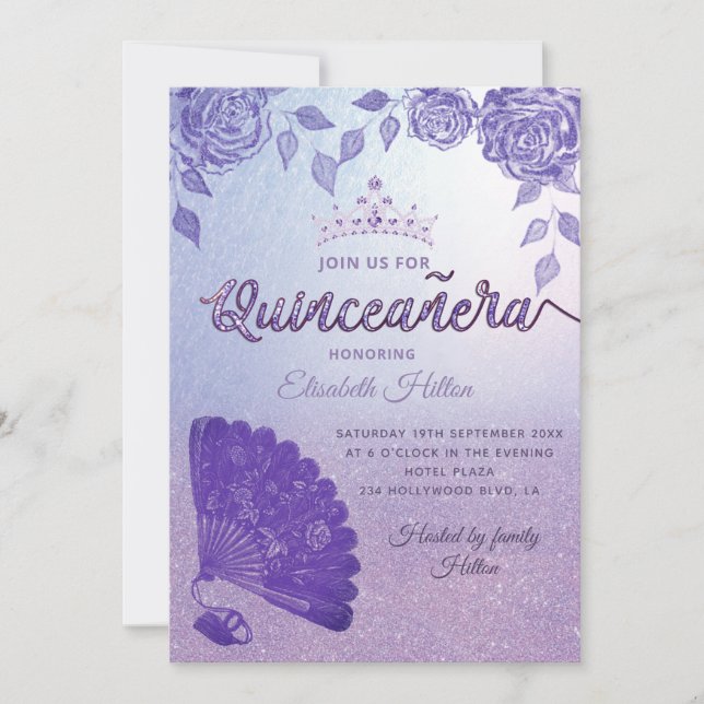 Convite Rosa Lilac roxo, fã romântica de mão Quinceañera (Frente)