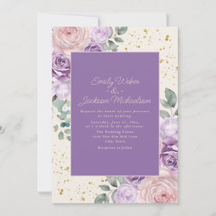 Convite Rosa Lilás Creme Floral Dourado Brilho Casamento