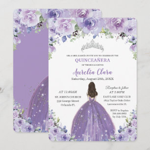 Convite Rosa Lilás Roxa Quinceanera Princesa Aniversário