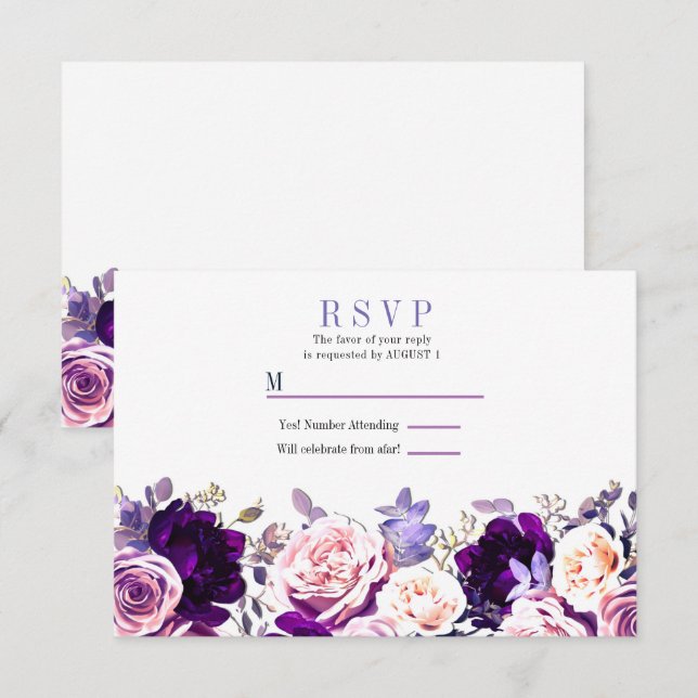 Convite Rosa Lilás Roxo & Rosa Floral Branco RSVP Casament (Frente/Verso)