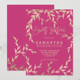 Convite Rosa magenta ouro rosa moderno de outono Sweet 16