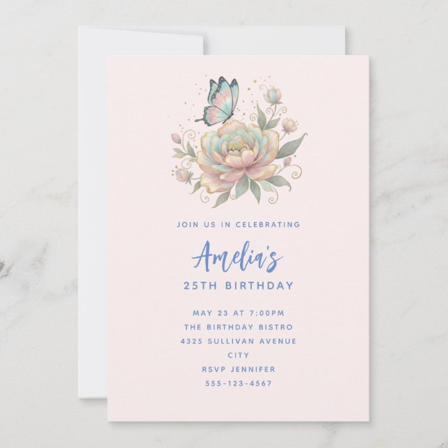 Convite Rosa Mágica e Borboleta Cores Pastéis de Aniversár (Frente)