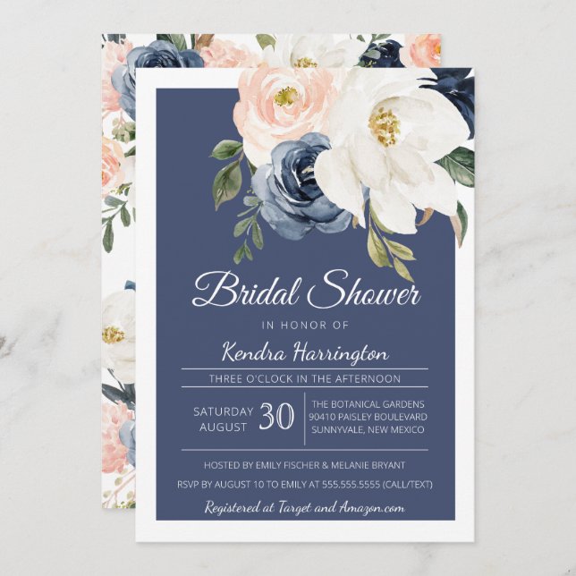 Convite Rosa Magnolia Marinho azul e Chá de panela azul (Frente/Verso)