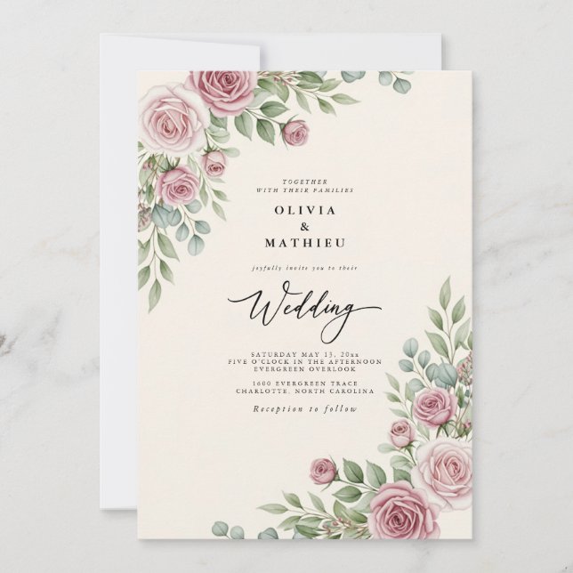 Convite Rosa Malva Elegante Casamento Aquarela (Frente)
