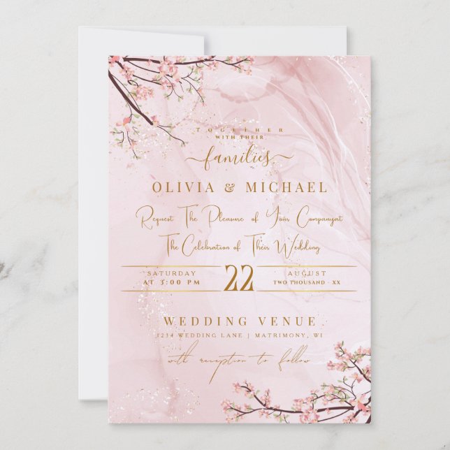 CONVITE ROSA MARBLE ABSTRATO FLORALS CASAMENTO DUSTY DOURA (Frente)