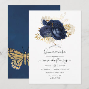 Convite Rosa marinho Azul e Vintagem Dourada Quinceañera