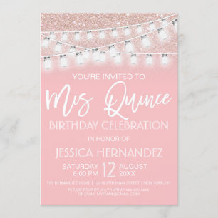 Convite Rosa Mason Jar String Luz Glitter Quinceañera