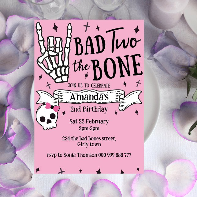 Convite Rosa Mau Dois segundos aniversários Ossos (Pink Bad Two The Bones 2nd Birthday Invitation)
