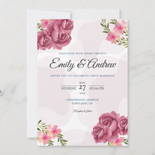 Convite Rosa Mauve Bege Elegante Floral Aquarela Casamento
