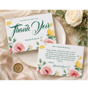 Convite Rosa Mediterrâneo Bege e Limão Casamento Obrigado