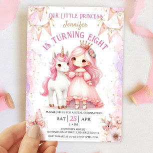 Convite Rosa Menina 8º Aniversário Princesa Unicór