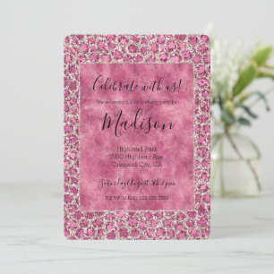 Convite Rosa Menina Glitzy Glam Impressão Leopardo Brilhan