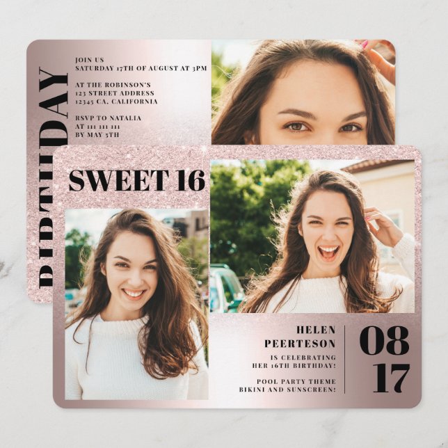 Convite Rosa metálico brilho 3 fotos Doce 16 anos (Frente/Verso)