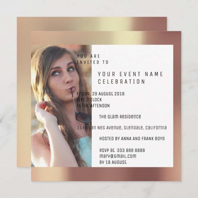 Convite Rosa Metálico de Foto do Partido Bridal (Frente/Verso)