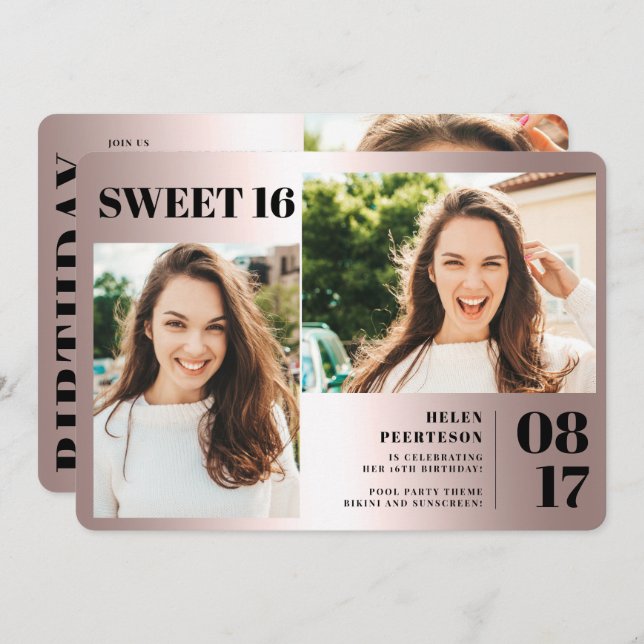 Convite Rosa metálico negrito 3 fotos Doce 16 anos (Frente/Verso)