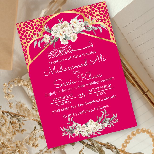 Convite Rosa Minimal Floral Dourado Casamento Islâmico Muç (Criador carregado)