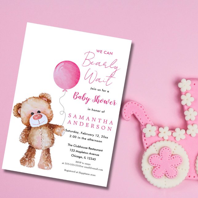 Convite Rosa Minimalista: "Podemos Beber Esperar!" Chá de  (WE CAN BEARLY WAIT BABY SHOWER GIRL INVITATION)