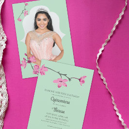 Convite Rosa, Mint Verde Cherry Blossom Foto Quinceanera
