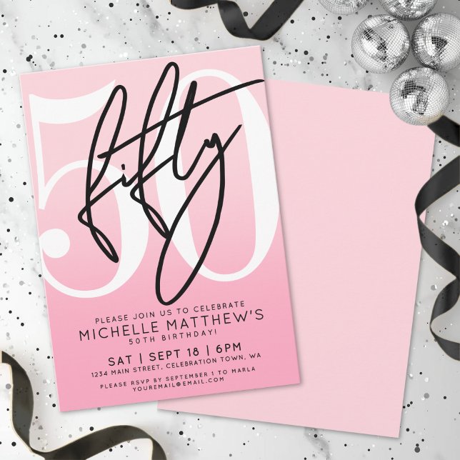 Convite Rosa Moderno Aniversário de 50 anos (Pink Modern 50th Birthday Invitation )