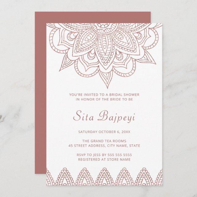 Convite Rosa Moderno Dourado Chá de panela Mehndi Hindu (Frente/Verso)