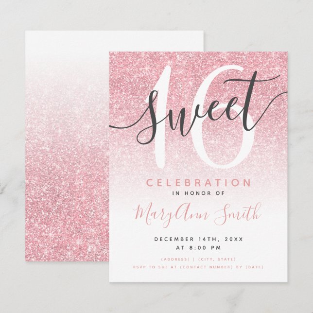 Convite Rosa moderno Dourado Ombre 16º Aniversário (Frente/Verso)