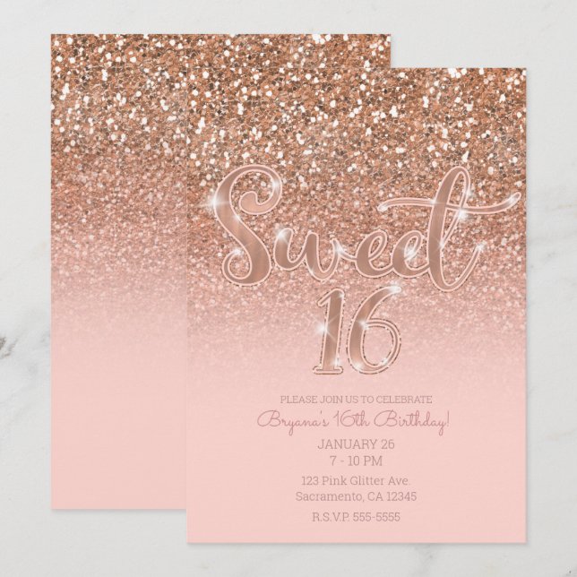 Convite Rosa Moderno Glam Glitter Doce 16 (Frente/Verso)