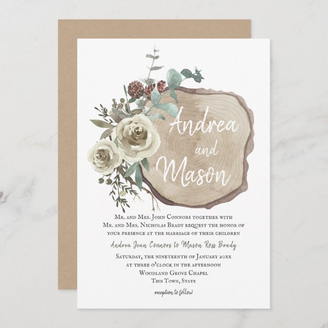 Convite Rosa natural da Fatia da Madeira e Casamento Eucal (Frente/Verso)