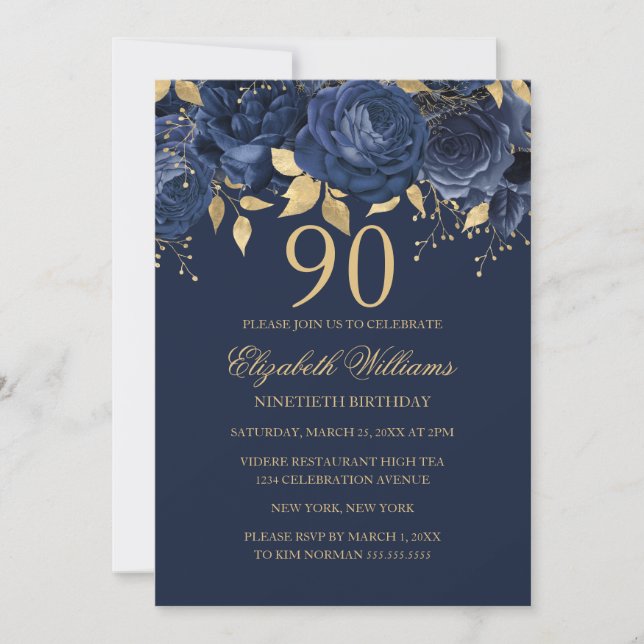 Convite Rosa Naval Ouro Floral Aniversário de 90 anos (Frente)