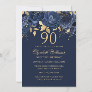 Convite Rosa Naval Ouro Floral Aniversário de 90 anos